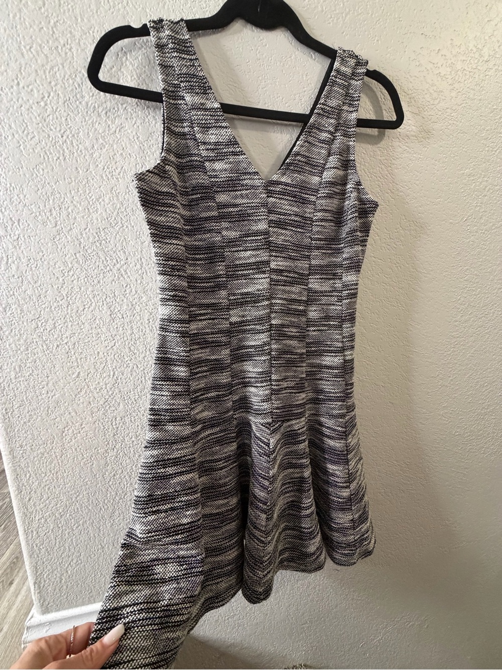 Banana Republic Black & White Textured V-Neck Fit-and-Flare Mini Dress